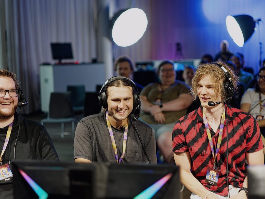 The commentary couch laughing mid-run on the ESA stage